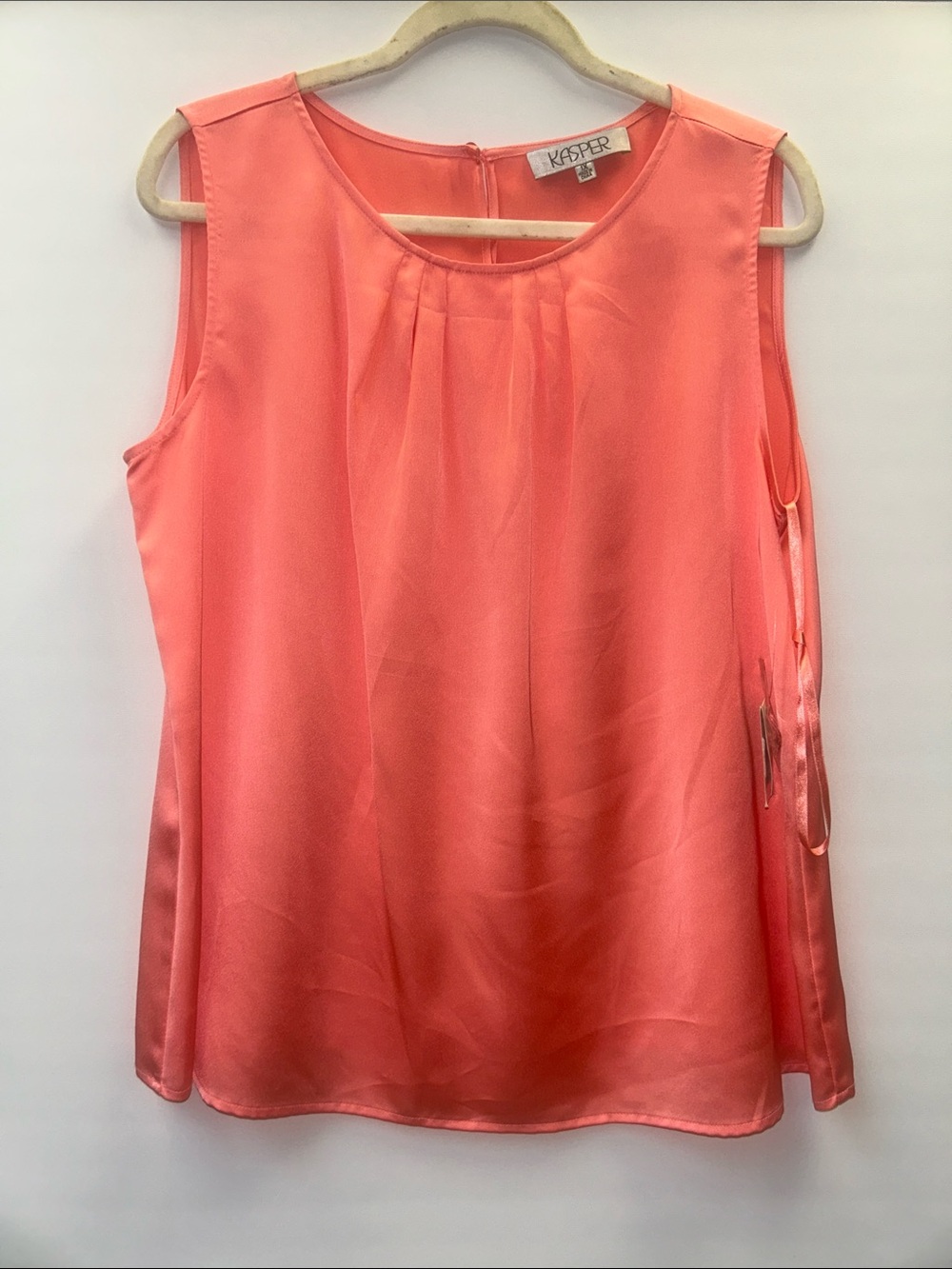 Kasper Coral Satin Pleated Neck Sleeveless Top